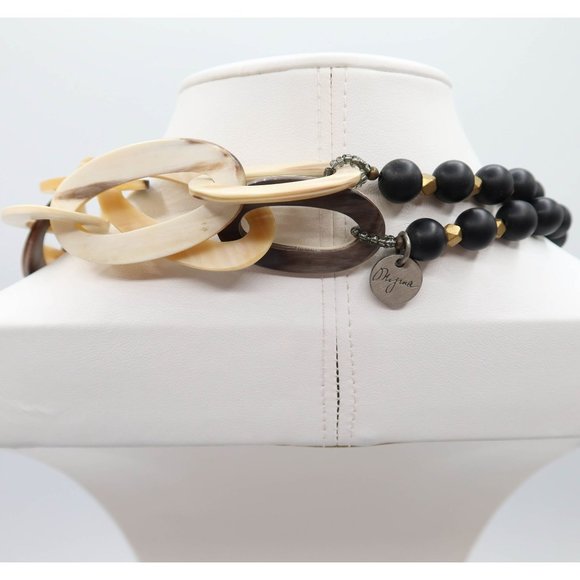 Signed (Okifina?) Boho Chunky Acrylic Chain & Metal Beaded Necklace 23.5" Drop - Picture 4 of 6